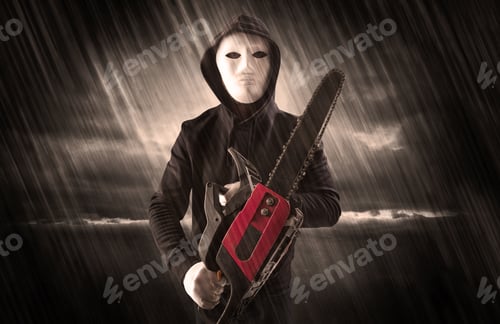 Preview: Masked Armed Poacher In Mysterious Rainy Coastal Weather Concept