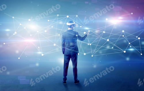 Preview: Young Businessman Standing With Vj Glasses And Checking Life-Sized Connectivity Project