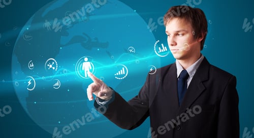 Preview: Businessman Pressing Modern Social Buttons On A Virtual Background