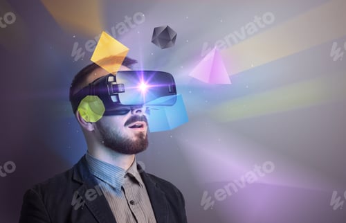 Preview: Amazed Businessman With Virtual Reality Colorful Geometric Shapes In Front Of Him