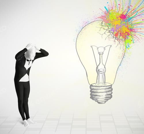 Preview: 3D Human Character Is Body Suit Morphsuit Looking At Abstract Colorful Lightbulb