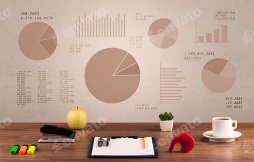 Preview: Graphic Business Office Desk With Pie Charts And Graphs On The Brown Sepia Background Wall