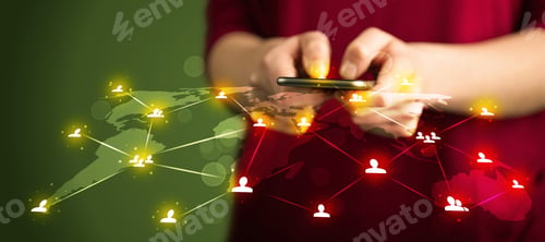 Preview: Smart Woman Holding Telephone With World Social Media Network Connection