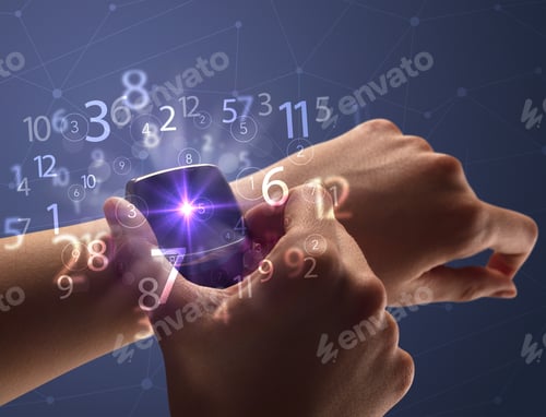 Preview: Close Up Female Naked Hand Wearing Smartwatch And Numbers Around