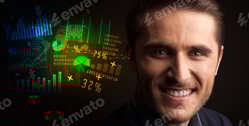 Preview: Portrait Of A Young Businessman With Colorful Charts And Graphs Next To Him On A Dark Background