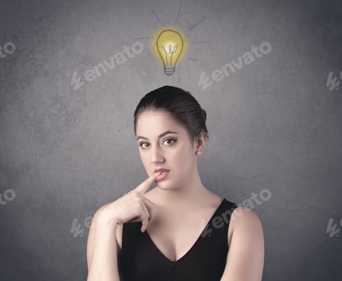 Preview: A Teen Student Girl With Funny Facial Expression Has A Good Idea Illustrated By A Drawn Light Bulb