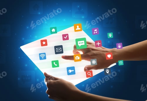 Preview: Young Female Hand Holding A Tablet With Colorful Mixed Media Icons