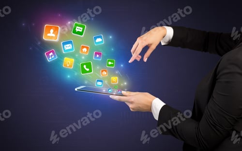 Preview: Hand Holding Tablet And Application Icons Falling Inwards