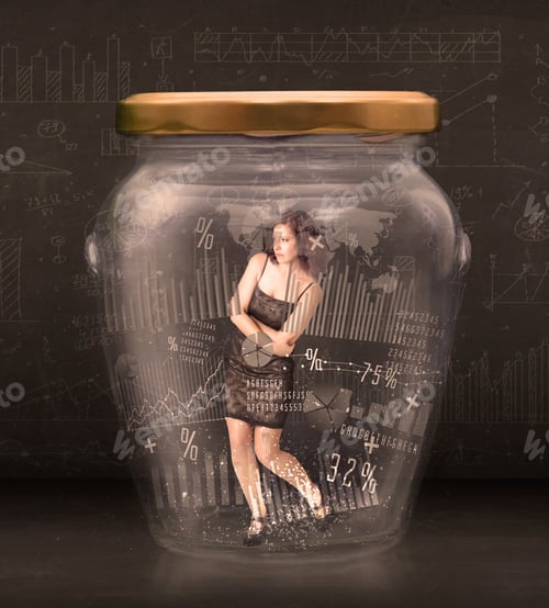 Preview: Businesswoman Traped In Jar With Graph Chart Symbols Concept On Background