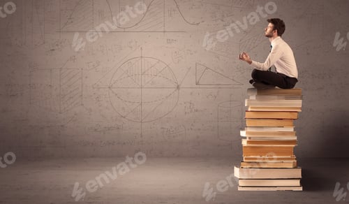 Preview: A Serious Businessman In Suit Sitting On A Pile Of Giant Books In Front Of A Greyish Brown Wall