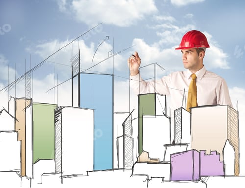 Preview: A Young Construction Worker In A Red Safety Helmet Happily Planning A City Sight And Drawing Lines