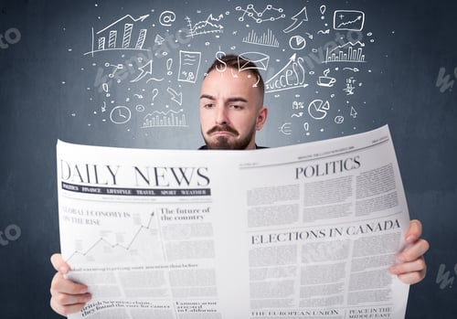Preview: Young Smart Businessman Reading Daily Newspaper With Business Plan Graphics Above His Head