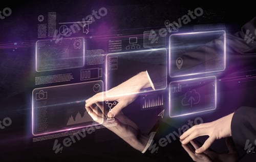 Preview: Male Hands Touching Interactive Table With Purple Cloudspace Graphic On It