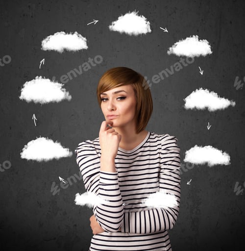 Preview: Thoughtful Young Woman With Drawn Clouds Circulating Around Her Head