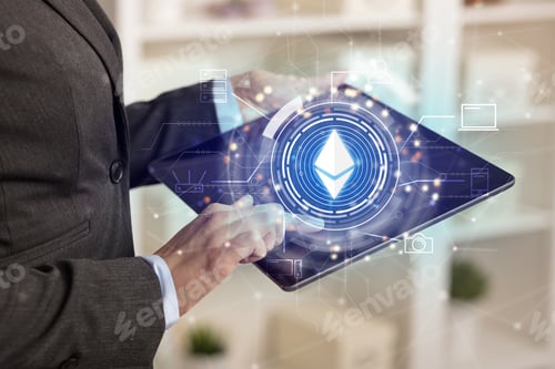 Preview: Business Woman Using Tablet In Home Office Mood With Cryptocurrency Bitcoin Link Network Concept