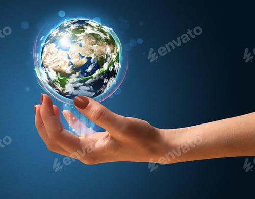 Preview: Young Woman Holding In Her Hand A Glowing Earth Globe, Elements Of This Image Furnished By Nasa