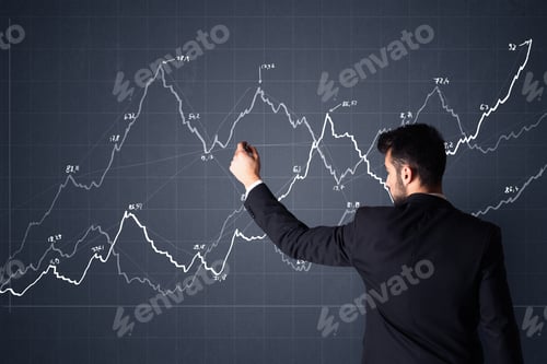 Preview: Young Businessman In Black Suit Standing In Front Of A Progress Chart