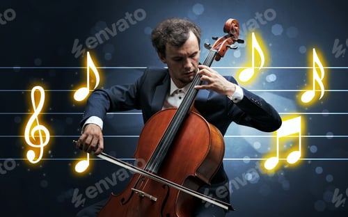 Preview: Young Handsome Cellist Playing With Music Sheet Background
