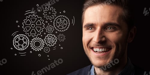 Preview: Portrait Of A Young Businessman With Rotating Gears Next To Him On A Dark Background
