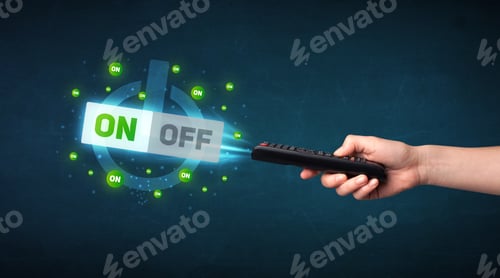 Preview: Hand Holding A Remote Control, On-Off Signal Coming Out Of It