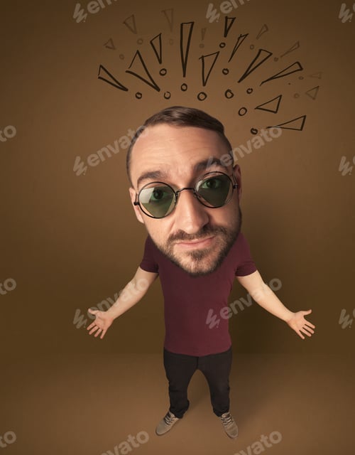 Preview: Funny Guy With Big Head And Drawn Exclamation Marks Over It