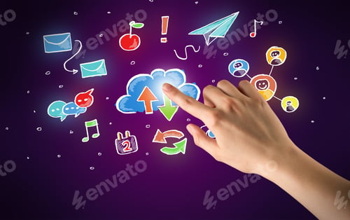 Preview: Female Hand Toucing Mixed Media Icons With Purple Background
