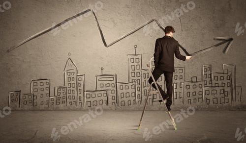 Preview: A Man In Elegant Suit Standing On A Small Ladder And Drawing A Line On Brown Wall Background With