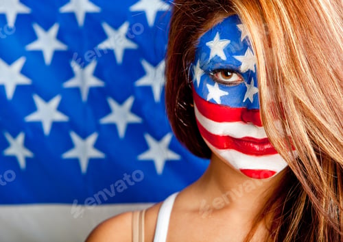 Preview: Patriotic American Woman With The Usa Flag Painted On Her Face