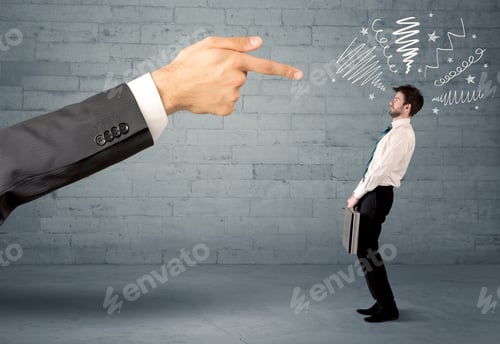 Preview: Boss Firing Employee Concept With A Huge Hand Pointing At Confused Business Person Illustrated By