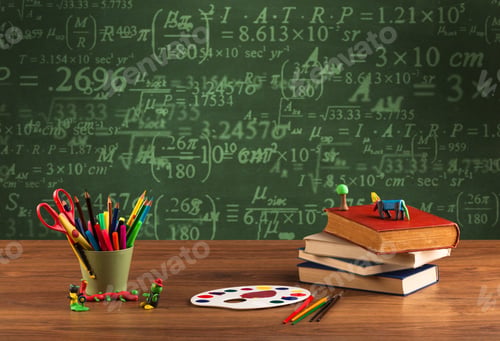 Preview: A Stuffed School Desk With Green Blackboard In The Background Full Of Numbers, Calculation
