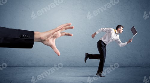 Preview: Young Miniature Businessman Running From A Big Hand With Blue Background