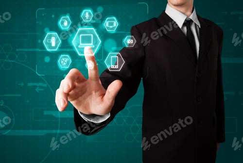Preview: Young Businessman Pressing Virtual Media Type Of Buttons