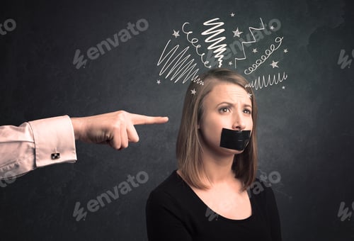 Preview: Caucasian Hand Pointing At Scared Female Employee