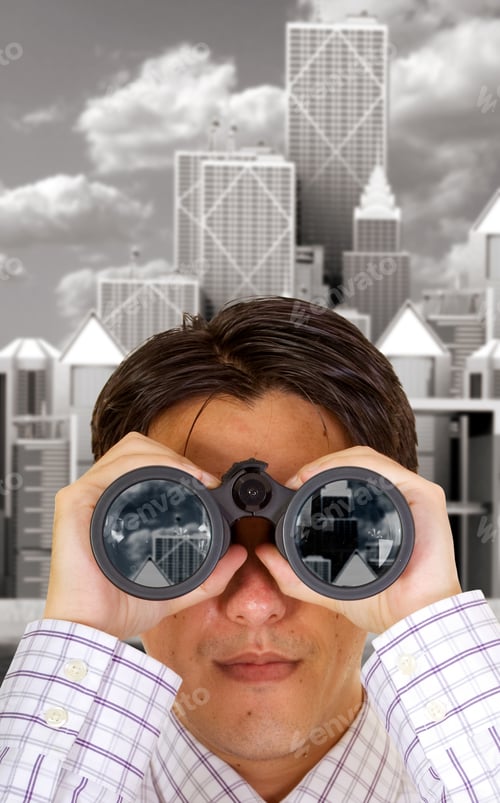 Preview: Businessman With Binoculars With A Corporate District In The Background - Buildings Reflections On