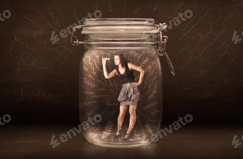 Preview: Businesswoman Inside A Jar With Powerful Hand Drawn Lines Concept On Bakcground