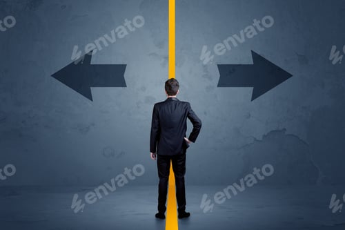 Preview: Business Person Choosing Between Two Options Separated By A Yellow Border Arrow Concept