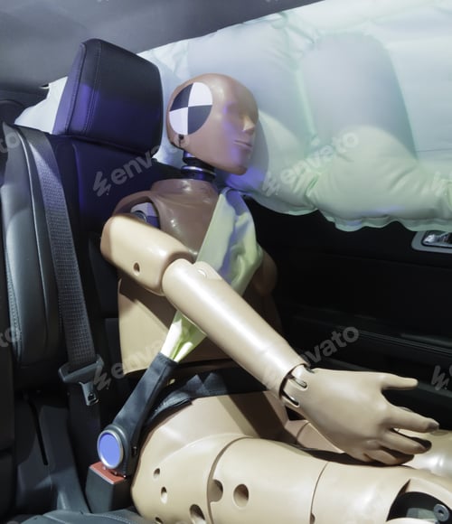 Preview: Automotive Crash Test Dummy Strapped Into Car Seat, Head Against Air Bag