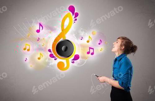 Preview: Pretty Girl Singing And Listening To Music With Musical Notes Getting Out Of Her Mouth