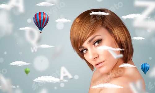 Preview: Beautiful Young Woman With Wellness And Healthcare Clouds On Gradient Background