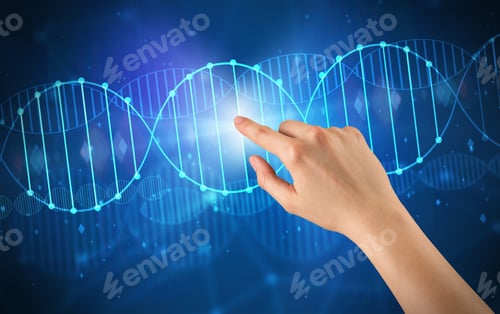 Preview: Female Hand Touching Dna Molecule With Blue Background