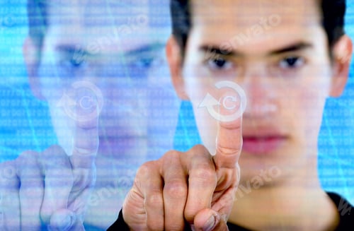 Preview: Man Pressing A Screen Button Over Modern Background