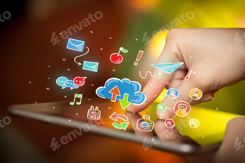 Preview: Female Hands Touching Tablet With Colorful Social Media Icons