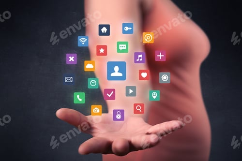 Preview: Colorful Multimedia Icons In The Hands Of A Young Casual Businesswoman