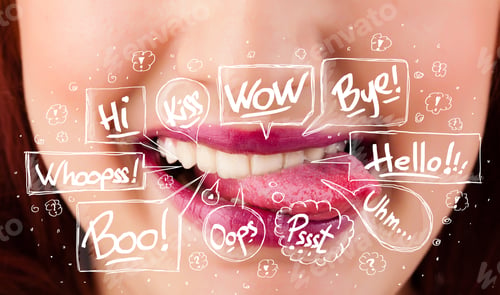 Preview: Beautiful Red Lips With White Speech Bubbles Close Up