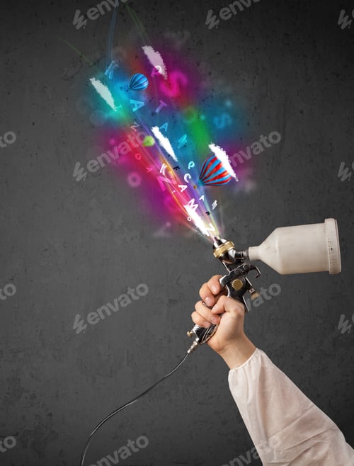 Preview: Worker With Airbrush And Colorful Abstract Clouds And Balloons Concept