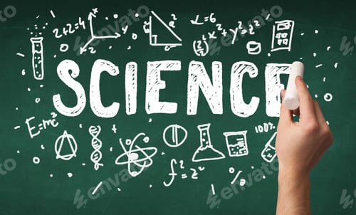 Preview: A Teacher Writing Science, Drawing Chemistry Elements On Clean Green Chalkboard By Hand
