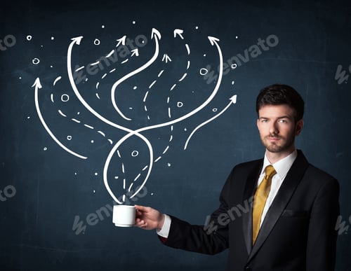 Preview: Businessman Standing And Holding A White Cup With Drawn Lines And Arrows Coming Out Of The Cup