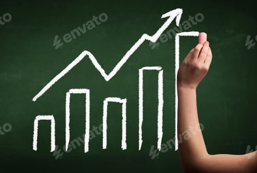 Preview: A Grown Up'S Hand Drawing Chart With Exponentially Growing Arrow On Green Chalkboard