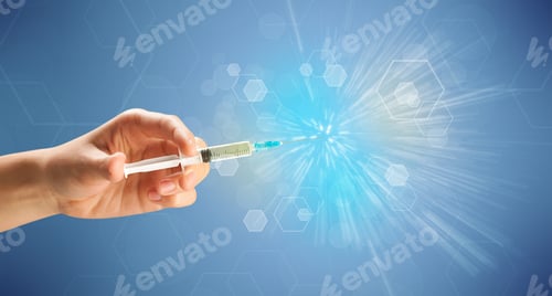 Preview: Female Doctor Hand Holding Syringe With Shiny Background