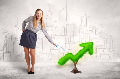 Preview: Business Woman Watering Green Plant Arrow Concept On Background